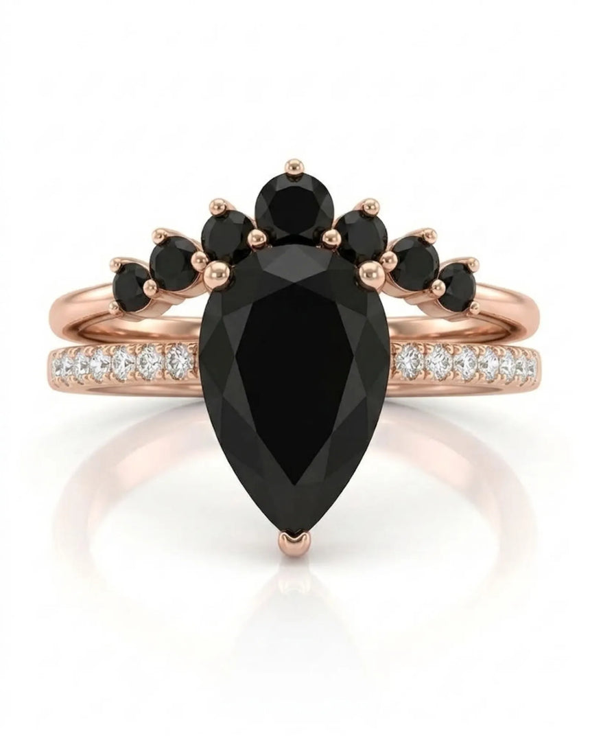 Kayla black natural pear diamond bridal set worn on hand in 18K rose gold | SARATTI