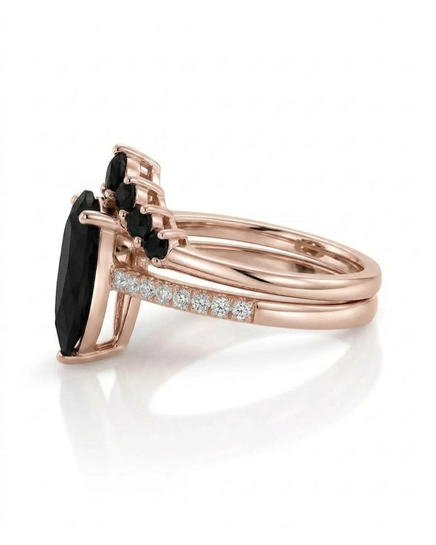 Kayla black natural pear diamond engagement ring side profile with crown of black side diamonds in 18K rose gold | SARATTI