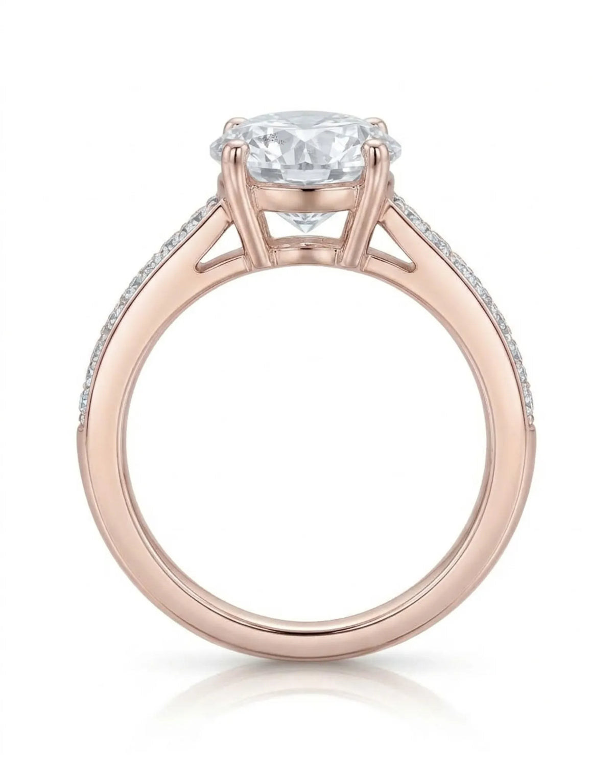 Layla engagement ring side profile with elevated prong setting and diamond shoulders in 18K rose gold | SARATTI