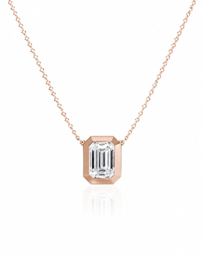SOLARA Bezel-Set Emerald Cut solitaire necklace setting in rose gold, front view | SARATTI