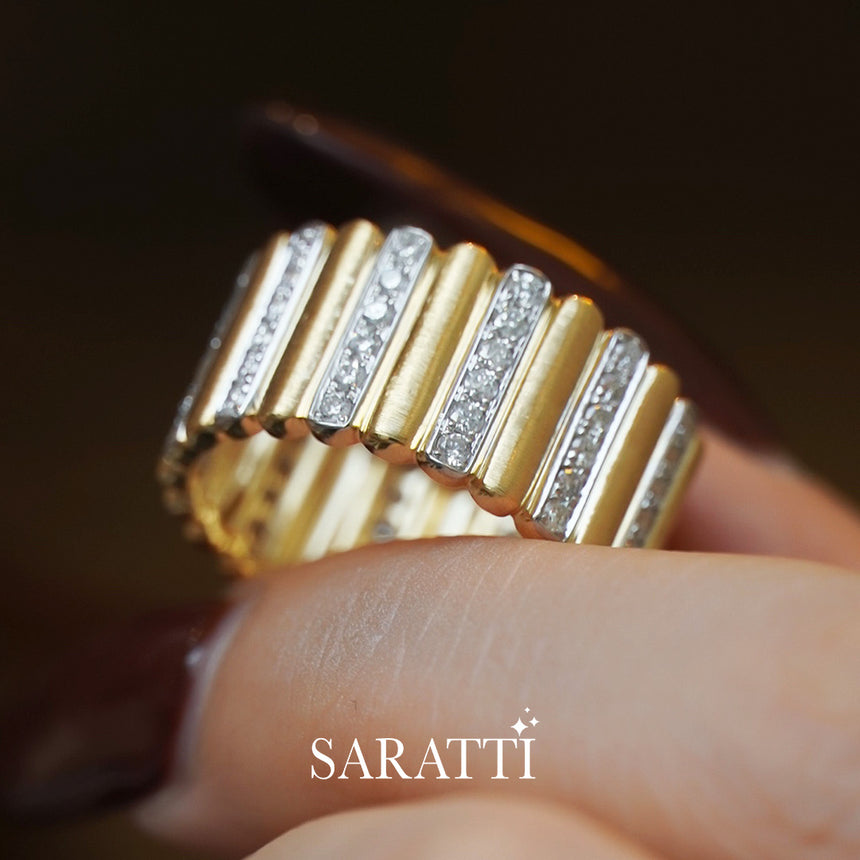 Lifestyle view of Golden Pillar ribbed gold ring with diamond bar, luxury gold accessory | SARATTI