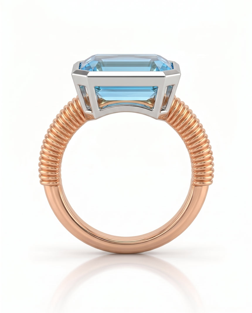 Light sky blue aquamarine gemstone ring with emerald cut center in 18K Rose Gold | SARATTI