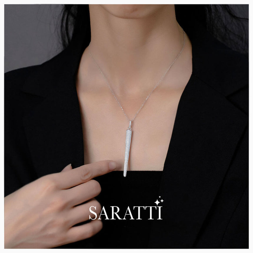 Model wears the The Silver Spire Spike Charm Pendant  Necklace | Saratti