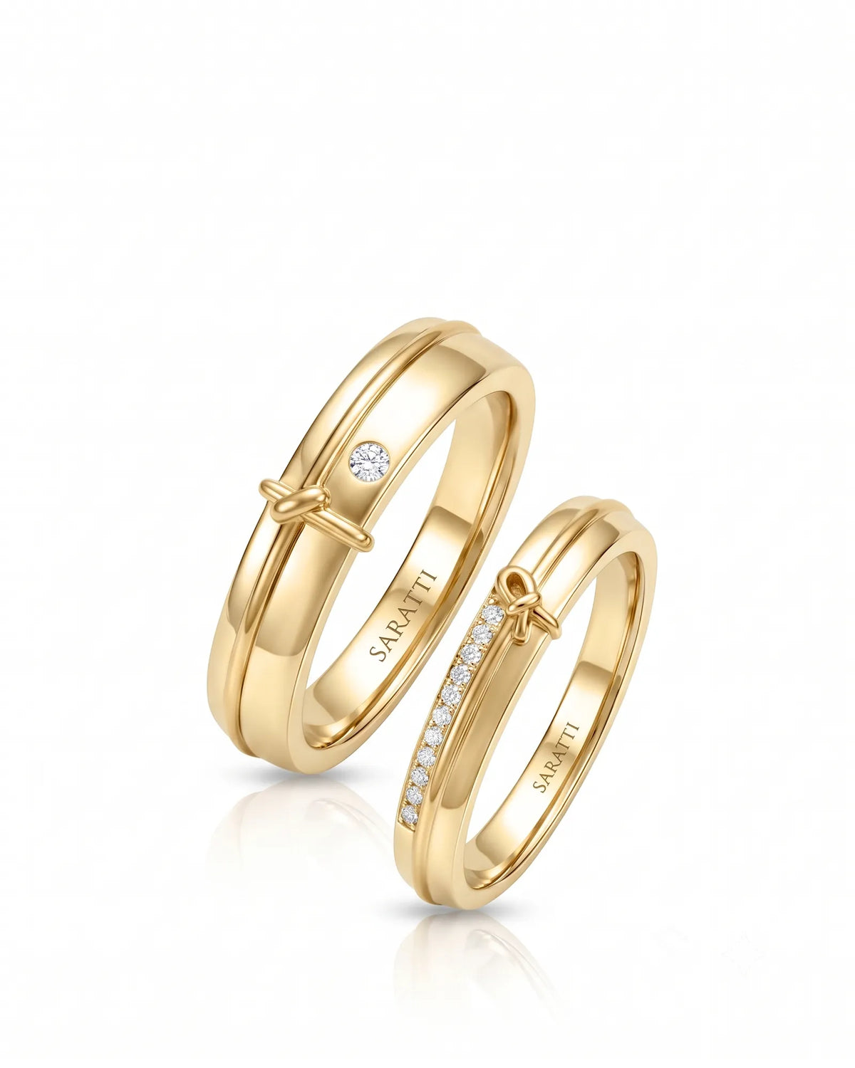 Love Notes wedding band set with elegant matching design in polished 18K yellow gold | SARATTI