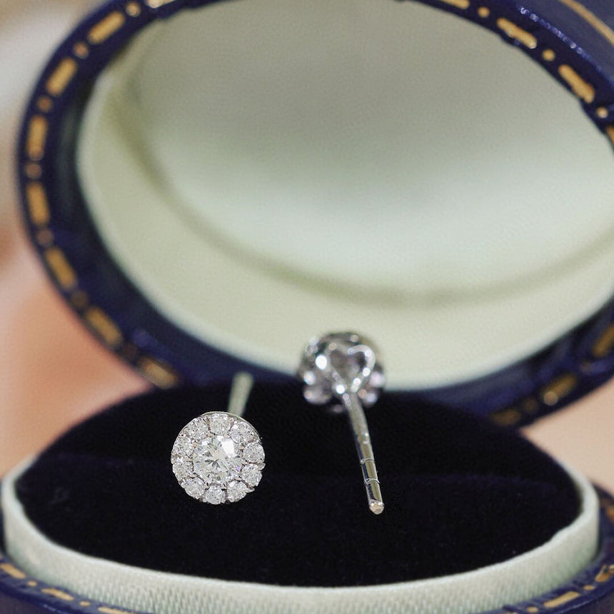 Lovely Natural Diamond Halo Earrings in Earring Box | Saratti | Custom High and Fine Jewelry