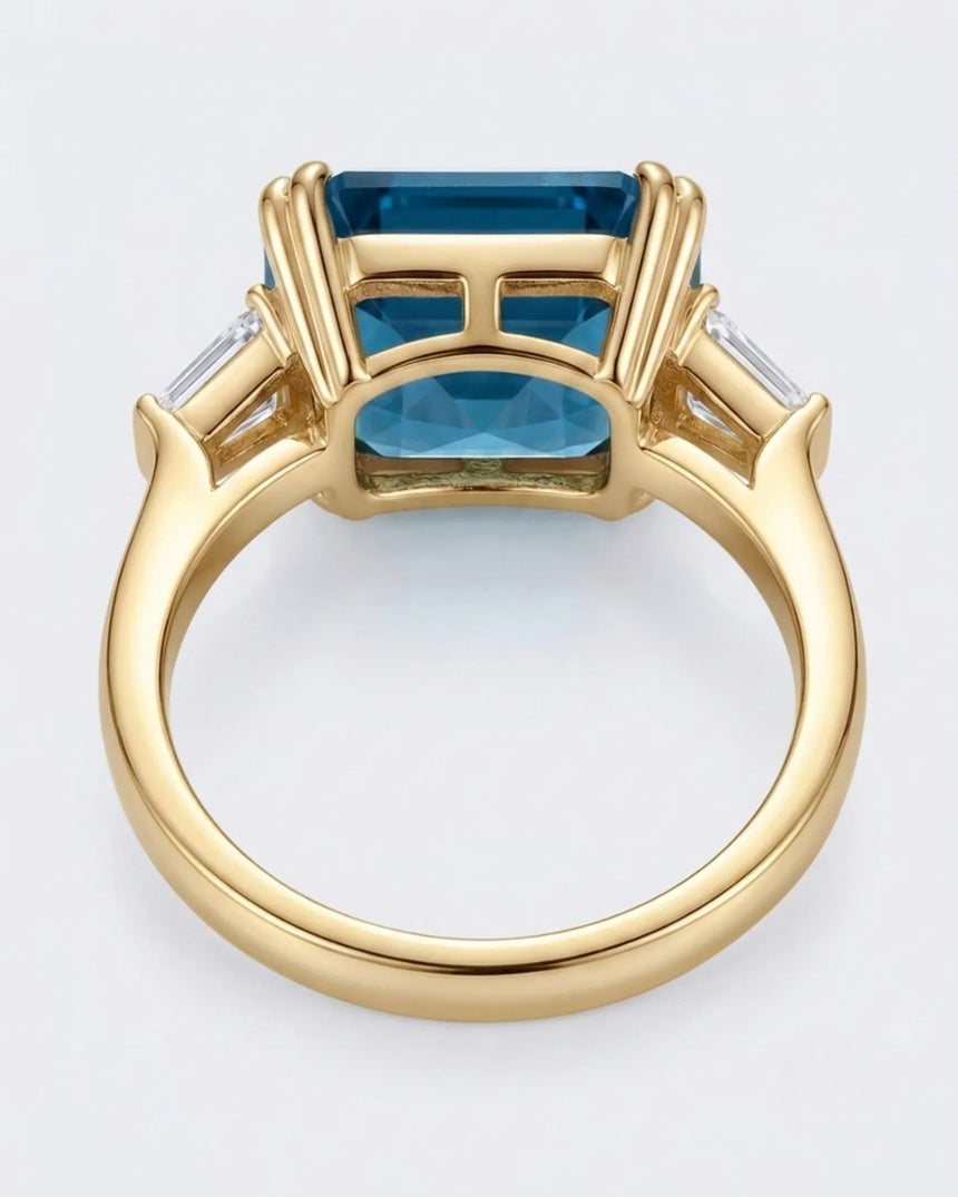 Luxury Asscher cut topaz cocktail ring with crisp diamond shoulders in 18K yellow gold - SARATTI