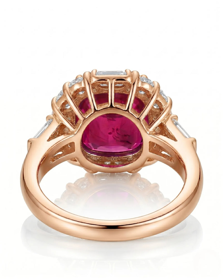 Luxury GIA certified ruby ring with mixed diamond halo in 18K rose gold | SARATTI
