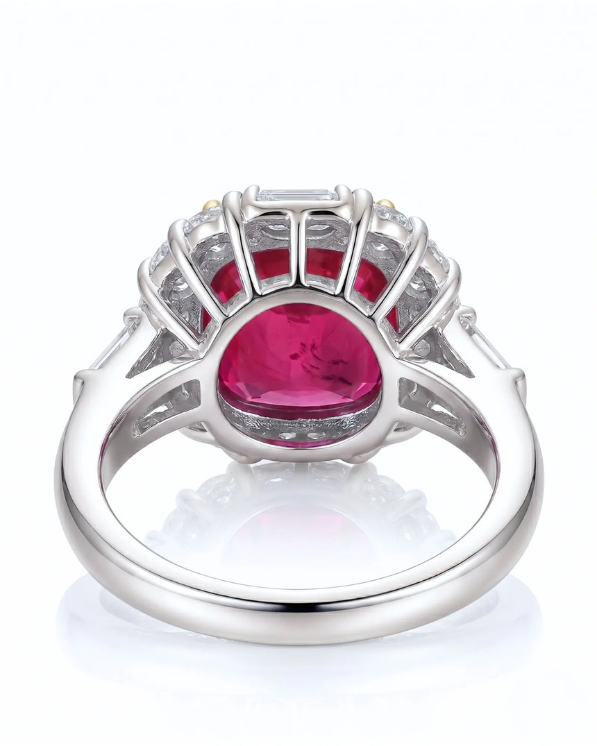 Luxury GIA certified ruby ring with mixed diamond halo in 18K white gold | SARATTI