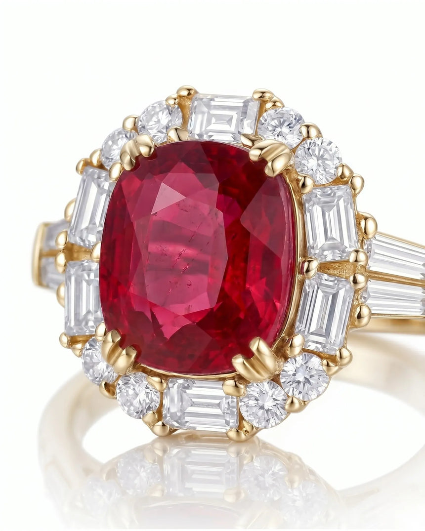 Luxury GIA certified ruby ring with mixed diamond halo in 18K yellow gold | SARATTI