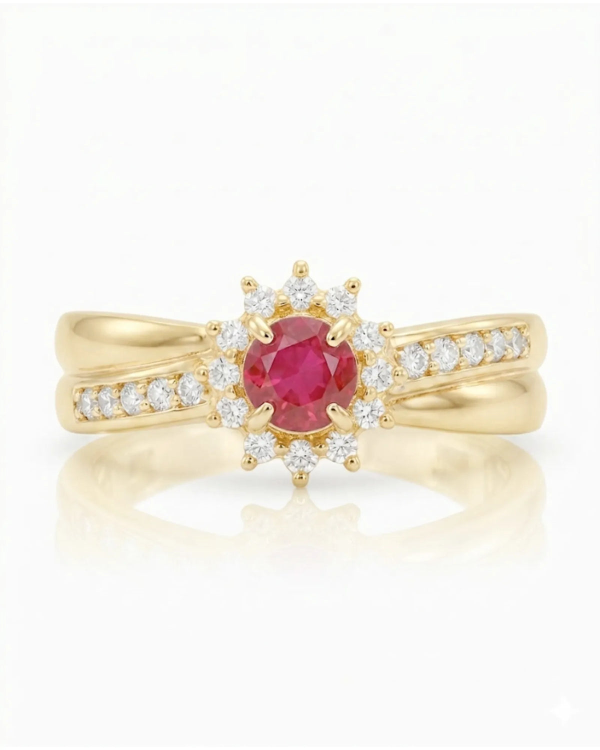 Luxury Ruby & Diamond Halo Ring in 18K Yellow Gold | SARATTI