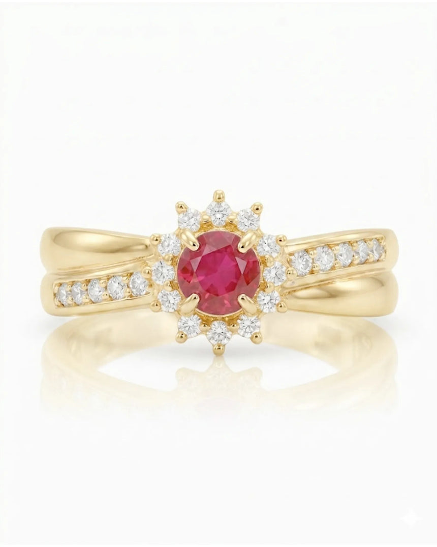 Luxury Ruby & Diamond Halo Ring in 18K Yellow Gold | SARATTI