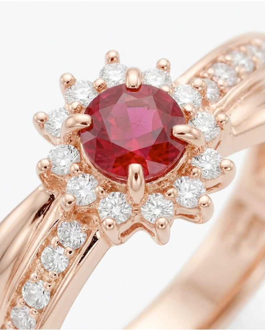 Luxury Ruby and Diamond Halo Ring in 18K Rose Gold | SARATTI