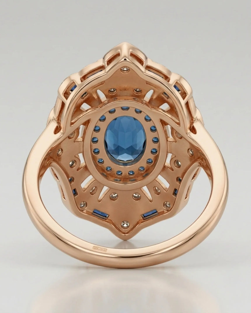 Luxury architectural topaz cocktail ring with blue accents and diamonds in 18K rose gold - SARATTI
