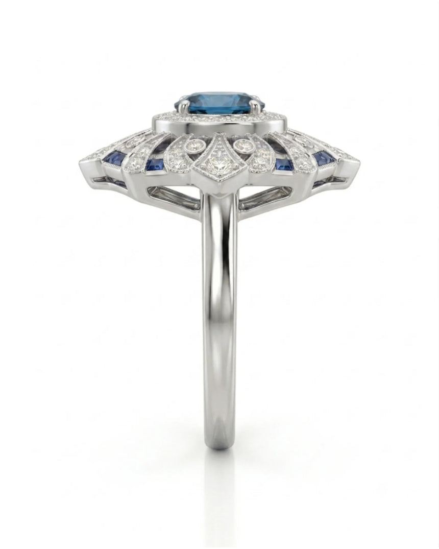 Luxury architectural topaz cocktail ring with blue accents and diamonds in 18K white gold | SARATTI
