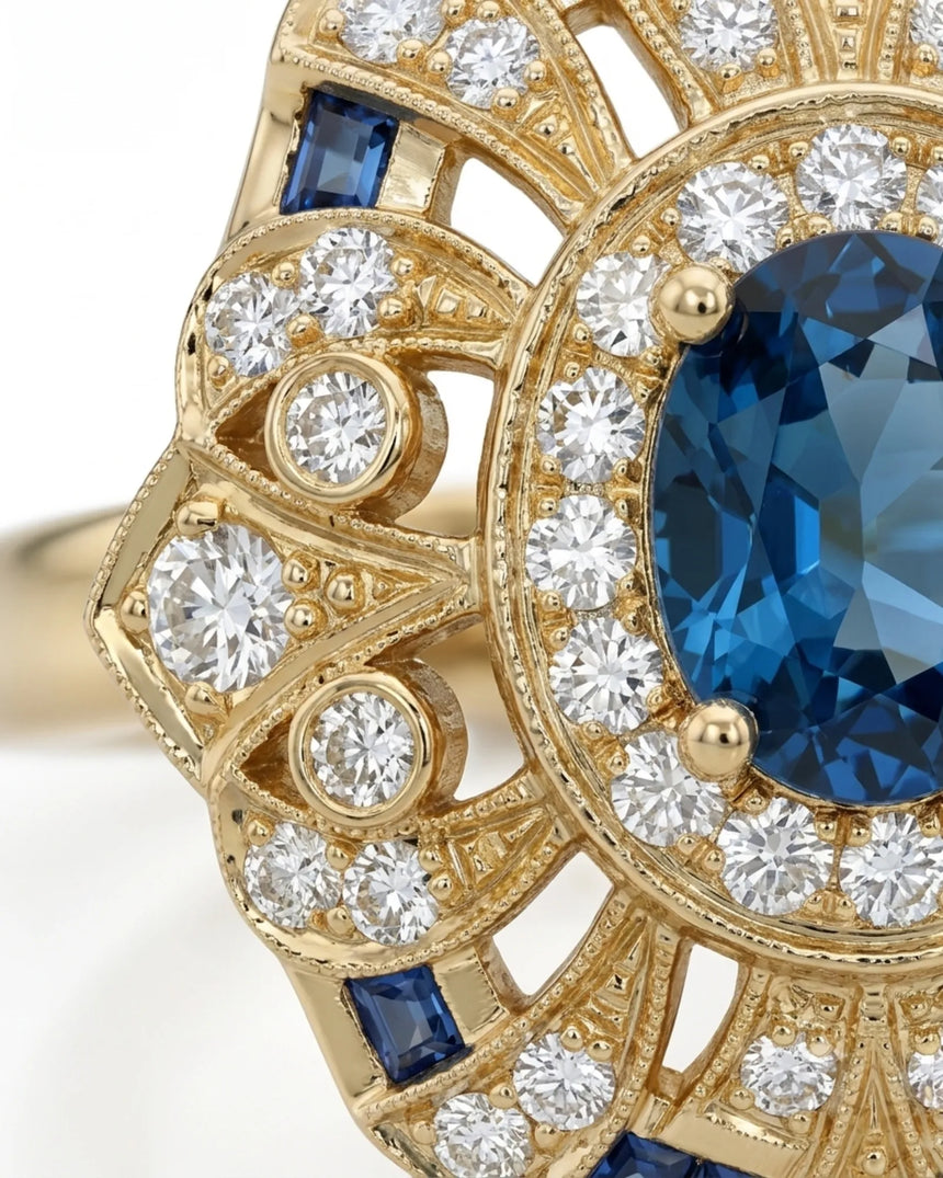 Luxury architectural topaz cocktail ring with blue accents and diamonds in 18K yellow gold | SARATTI