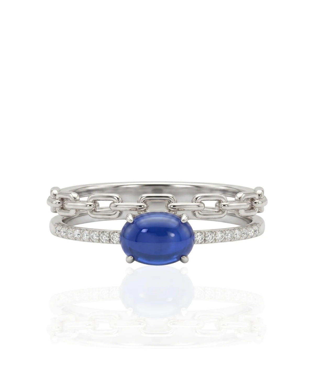 Luxury blue sapphire Cuban chain ring with refined diamond detail in platinum | SARATTI