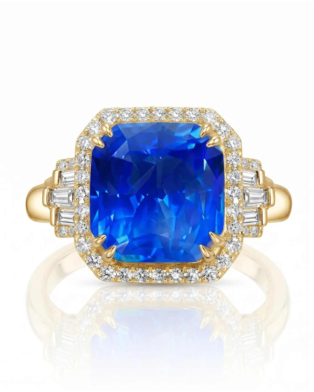 Luxury blue sapphire diamond ring crafted in rich 18K yellow gold | SARATTI