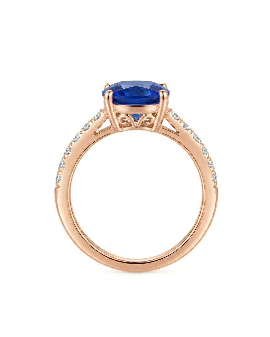 Luxury blue sapphire diamond ring with soft contemporary design in 18K rose gold | SARATTI