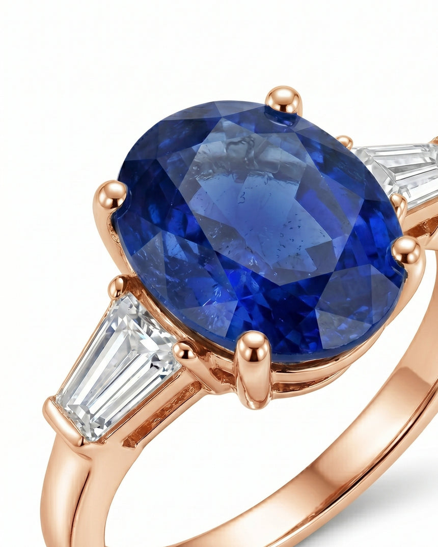 Luxury blue sapphire three-stone ring with baguette diamonds in 18K rose gold - SARATTI