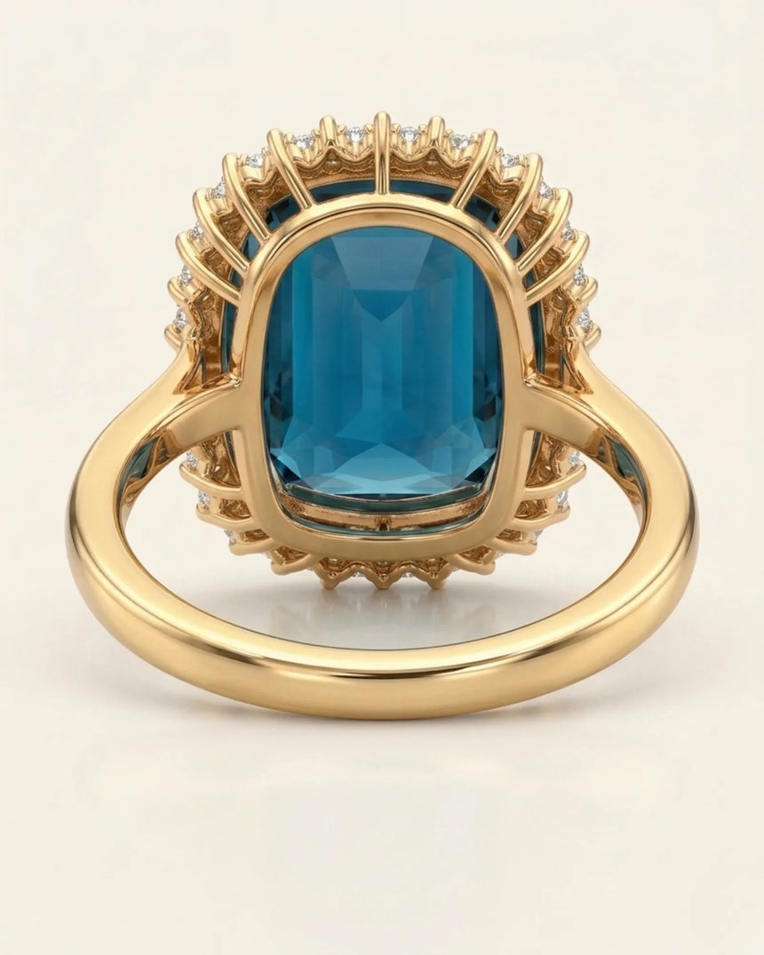 Luxury blue tourmaline and diamond ring in yellow gold with refined halo design - SARATTI