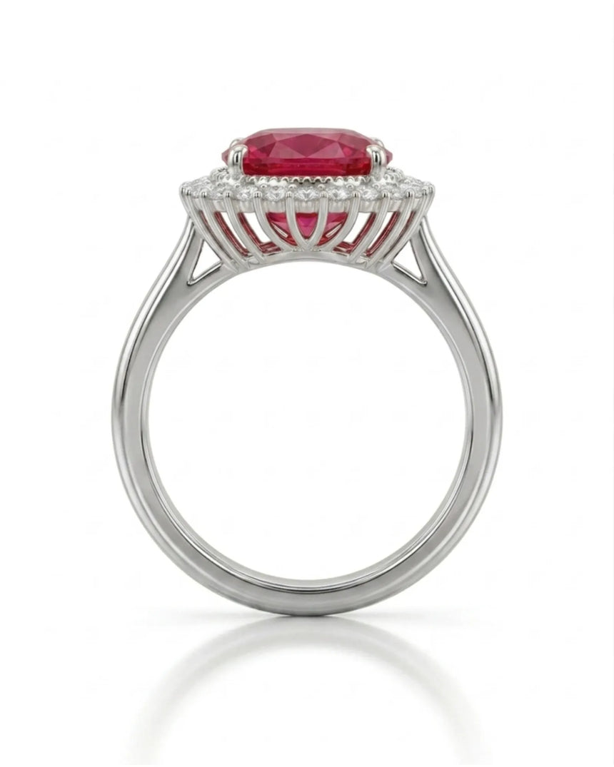Luxury crimson tourmaline ring with natural diamond halo in platinum | SARATTI