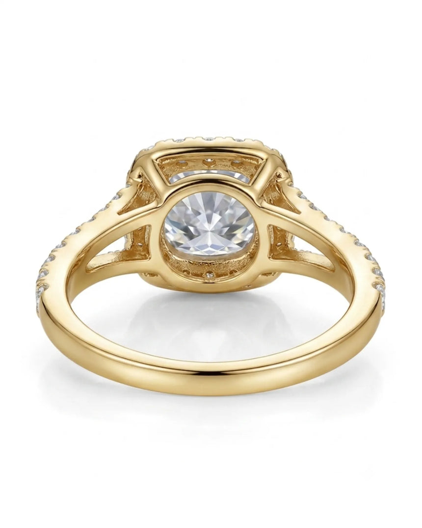 Luxury cushion moissanite engagement ring with dimensional halo and rich 18K yellow gold craftsmanship - SARATTI