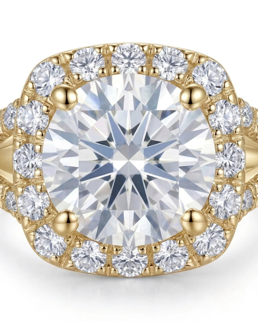 Luxury cushion moissanite engagement ring with dimensional halo and rich 18K yellow gold craftsmanship | SARATTI