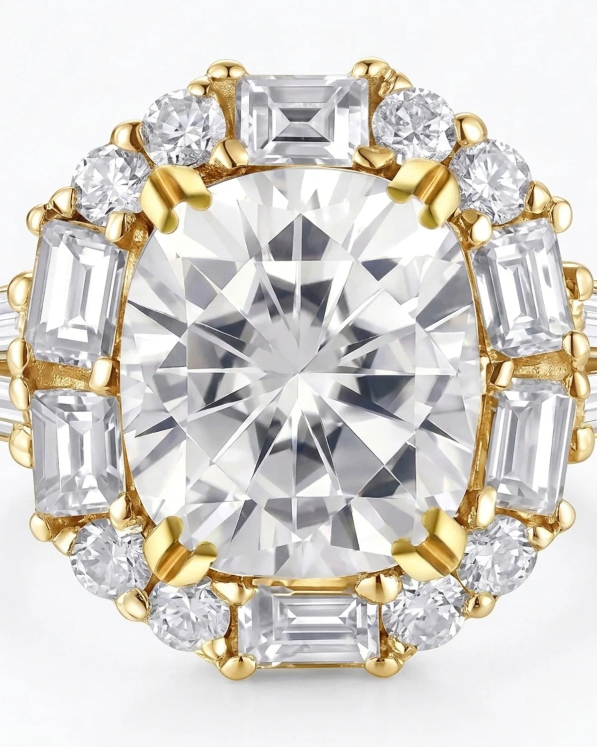 Luxury cushion moissanite ring with geometric halo and polished yellow gold setting | SARATTI