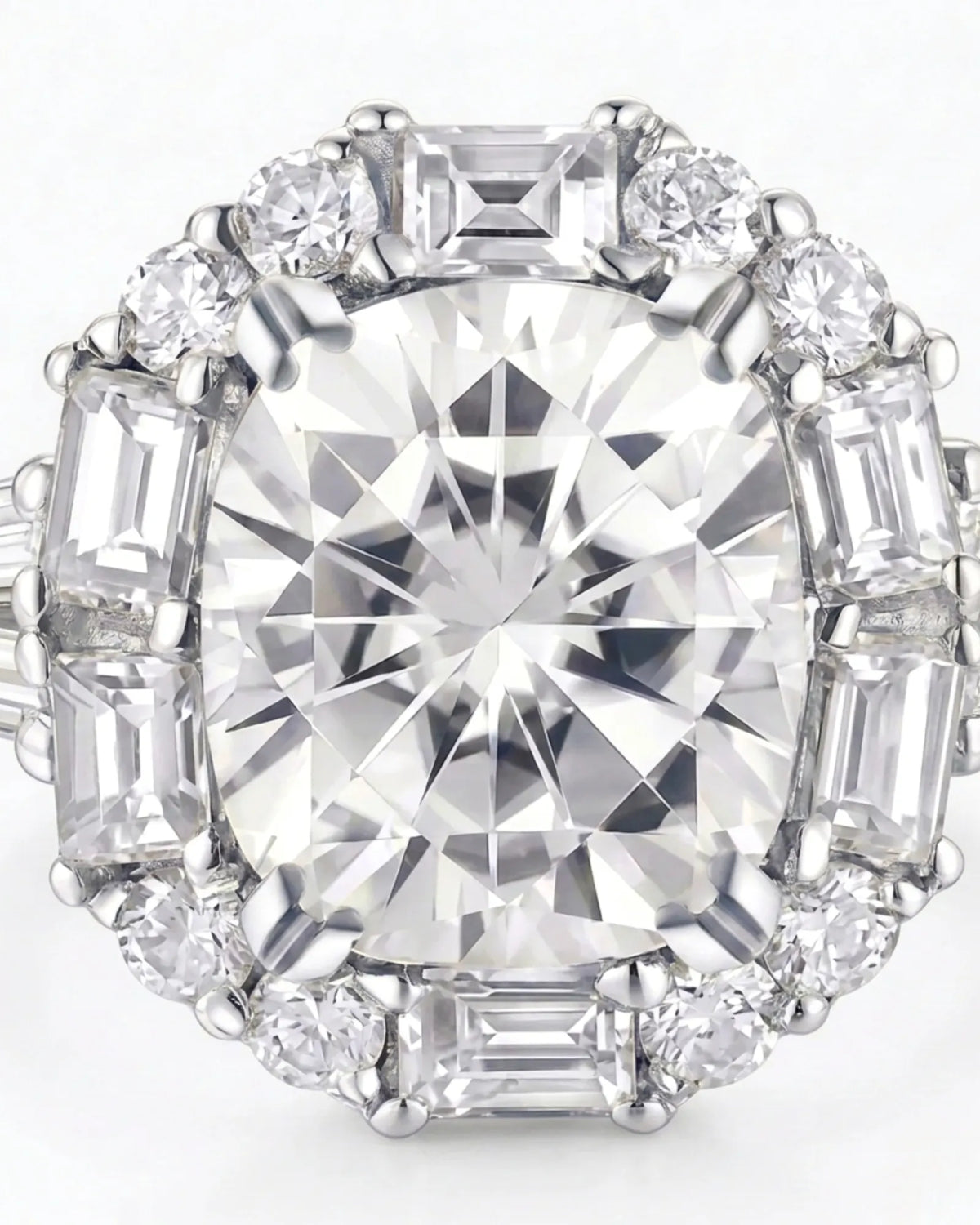 Luxury cushion moissanite ring with geometric halo and timeless platinum setting - SARATTI