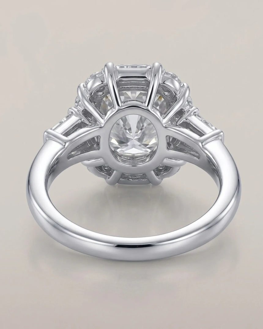 Luxury cushion moissanite ring with two-tone prongs and geometric halo in two tone - SARATTI