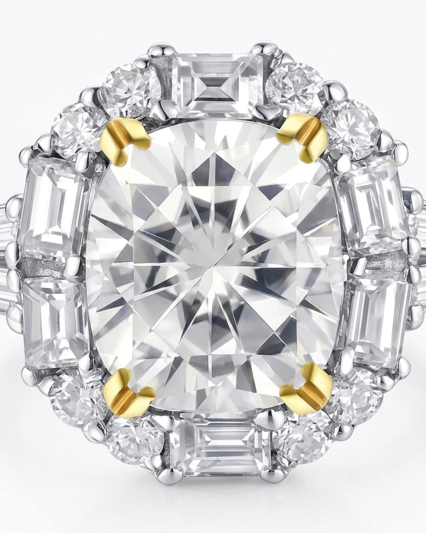 Luxury cushion moissanite ring with two-tone prongs and geometric halo in two tone | SARATTI