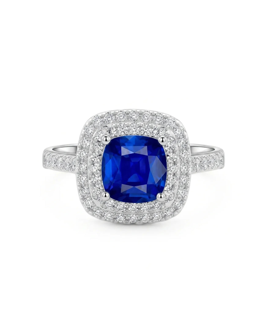 Luxury cushion sapphire diamond ring with refined halo setting in platinum - SARATTI