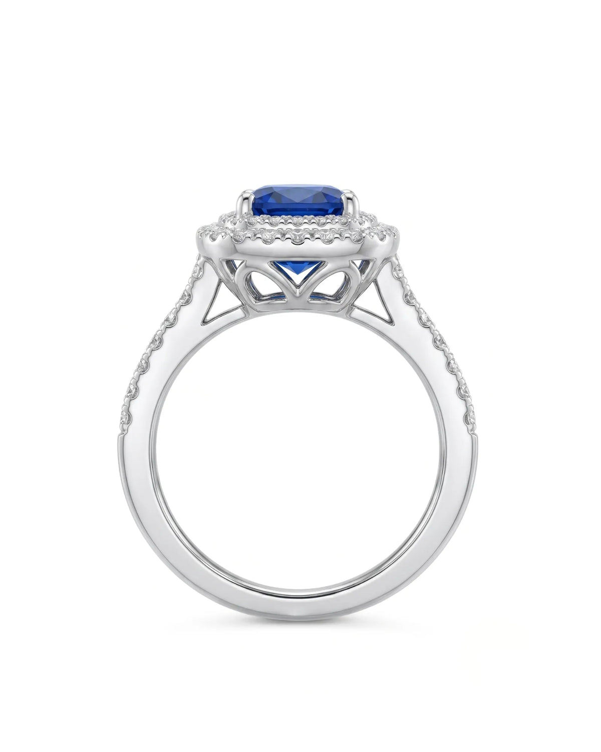 Luxury cushion sapphire diamond ring with timeless halo setting in 18K white gold | SARATTI