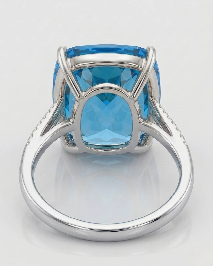 Luxury cushion topaz cocktail ring with architectural diamond shoulders in 18K white gold - SARATTI
