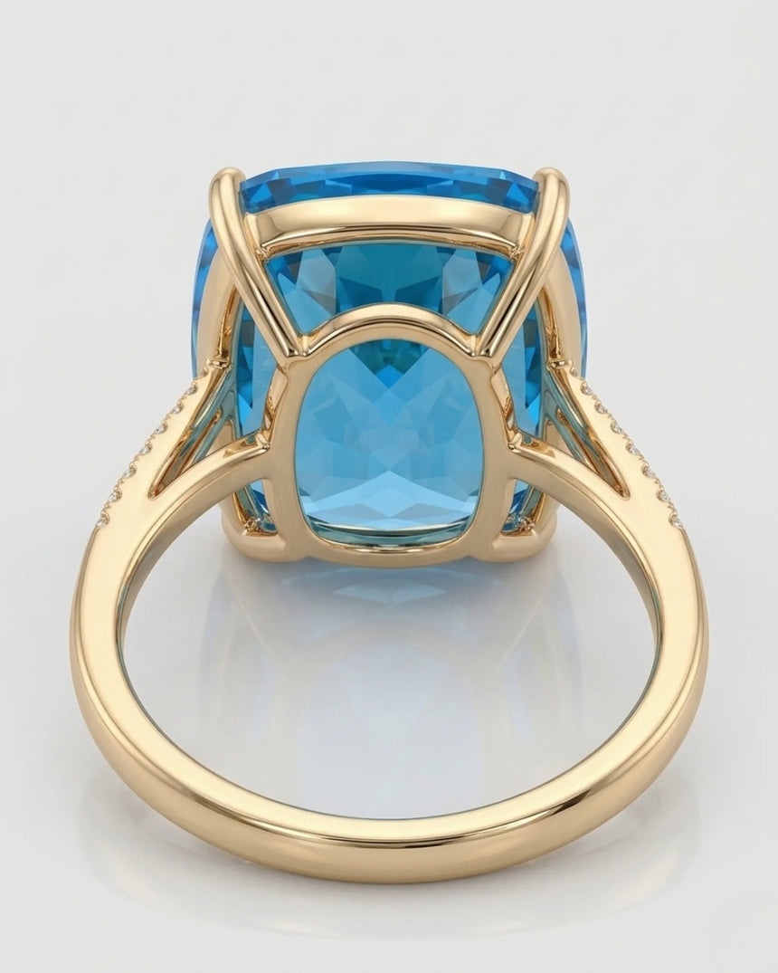 Luxury cushion topaz cocktail ring with architectural diamond shoulders in 18K yellow gold - SARATTI