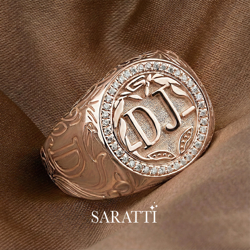 Luxury diamond halo signet ring in 18k rose gold engraved crest ring | SARATTI