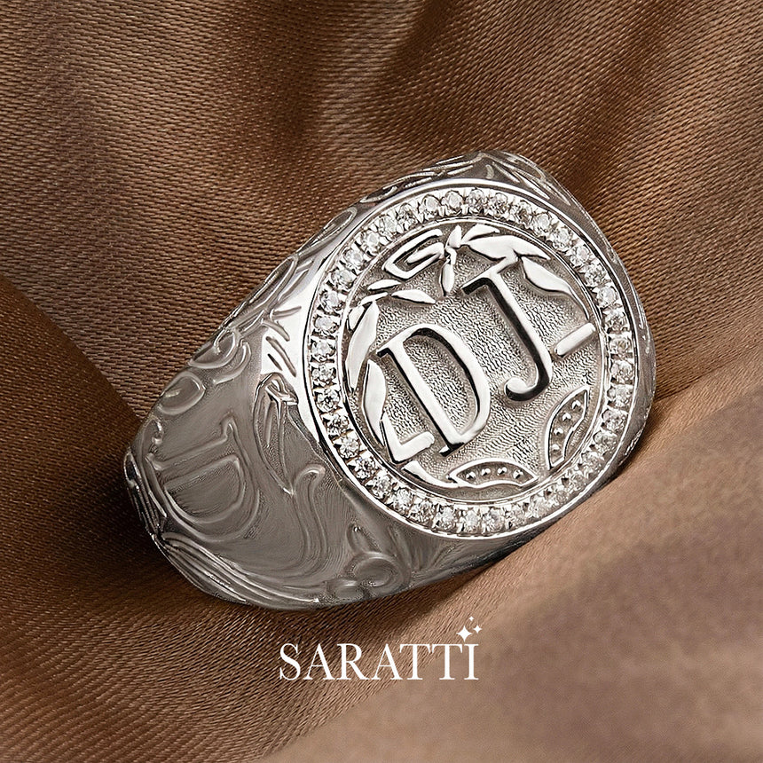 Luxury diamond halo signet ring in platinum engraved crest ring | SARATTI