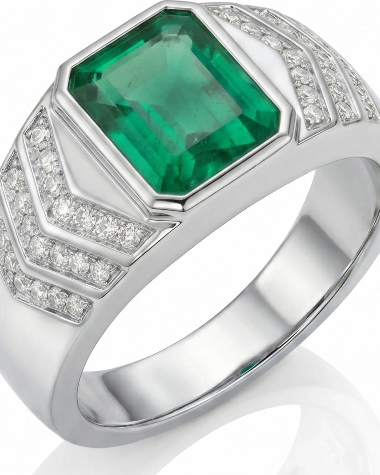 Luxury emerald and diamond men’s ring in platinum for milestone gifting or personal style SARATTI
