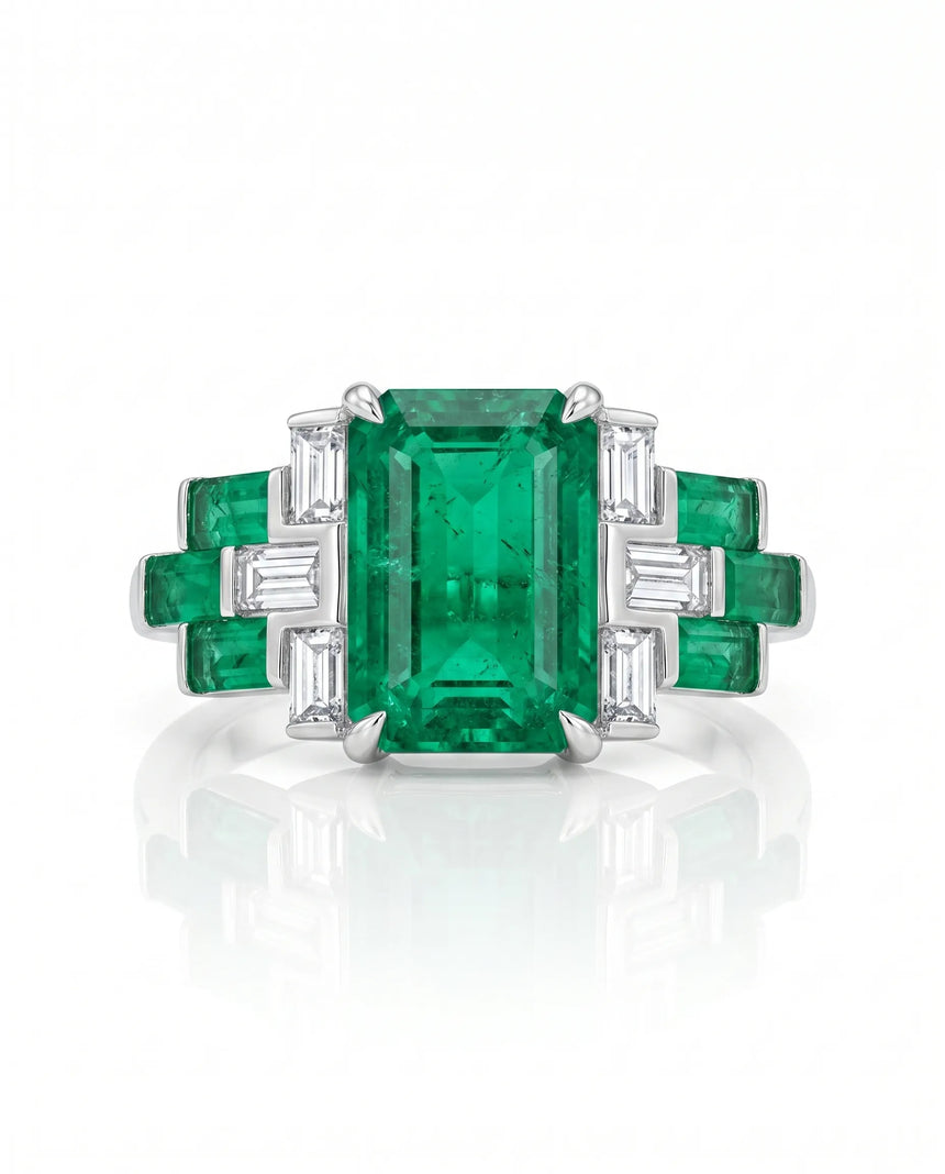 Luxury emerald cut natural emerald ring with baguette diamonds in 18K White Gold | SARATTI