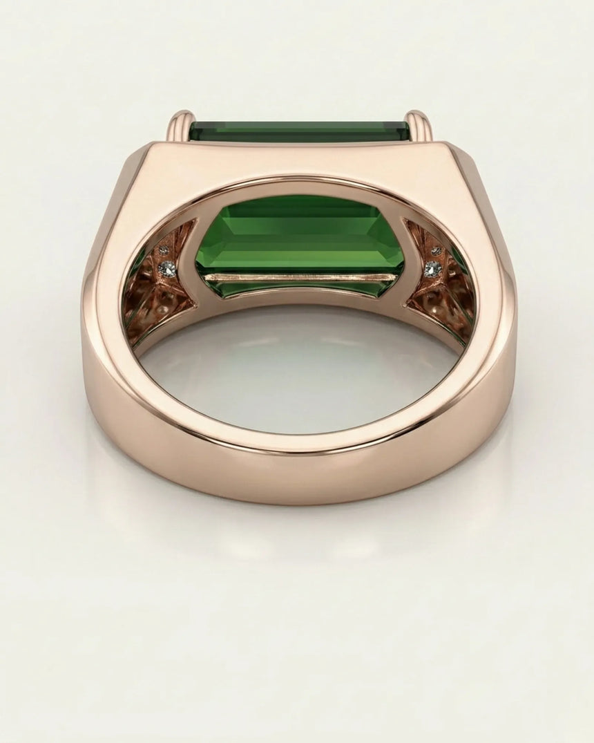 Luxury green tourmaline and diamond engagement ring in rose gold with architectural design - SARATTI