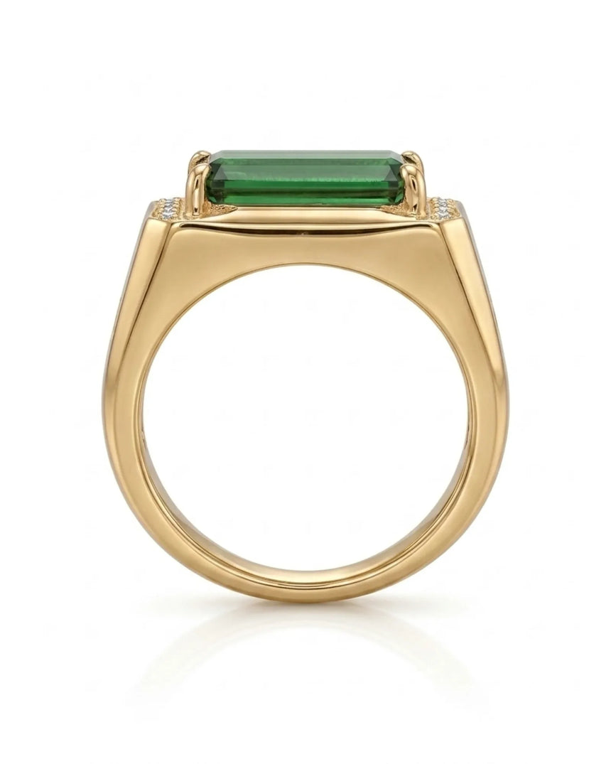 Luxury green tourmaline and diamond engagement ring in white gold with architectural design - SARATTI