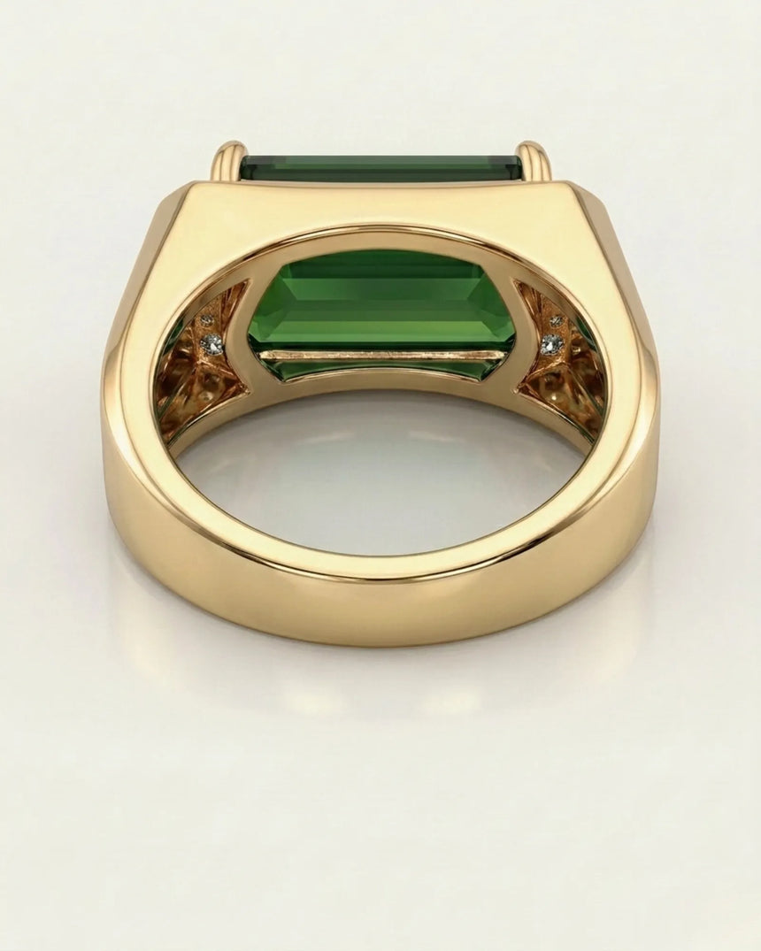 Luxury green tourmaline and diamond engagement ring in white gold with architectural design | SARATTI