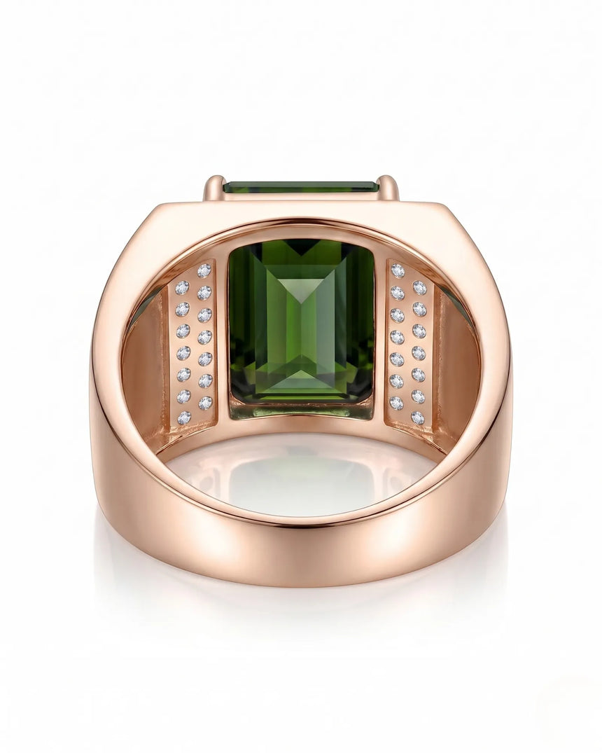 Luxury green tourmaline and diamond ring in rose gold with architectural signet design - SARATTI