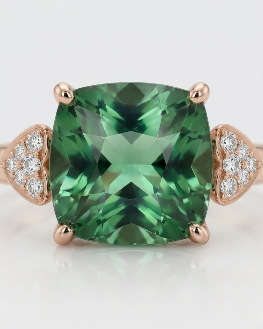 Luxury green tourmaline and diamond ring in rose gold with romantic three-stone design | SARATTI