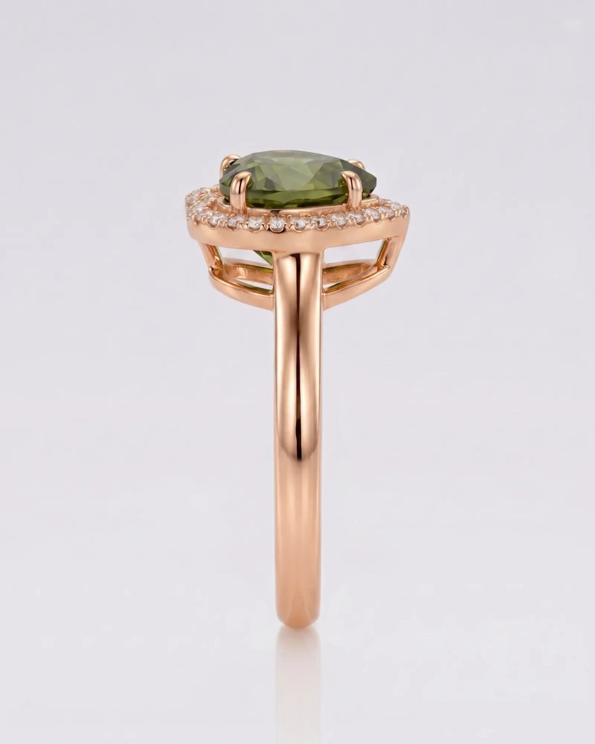 Luxury green tourmaline heart ring with diamonds in 18K rose gold - SARATTI