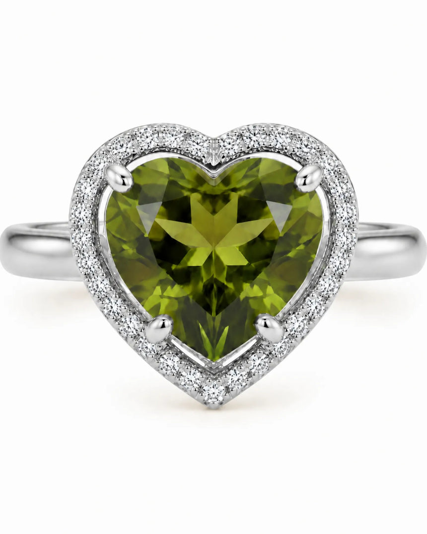 Luxury green tourmaline heart ring with diamonds in 18K white gold - SARATTI