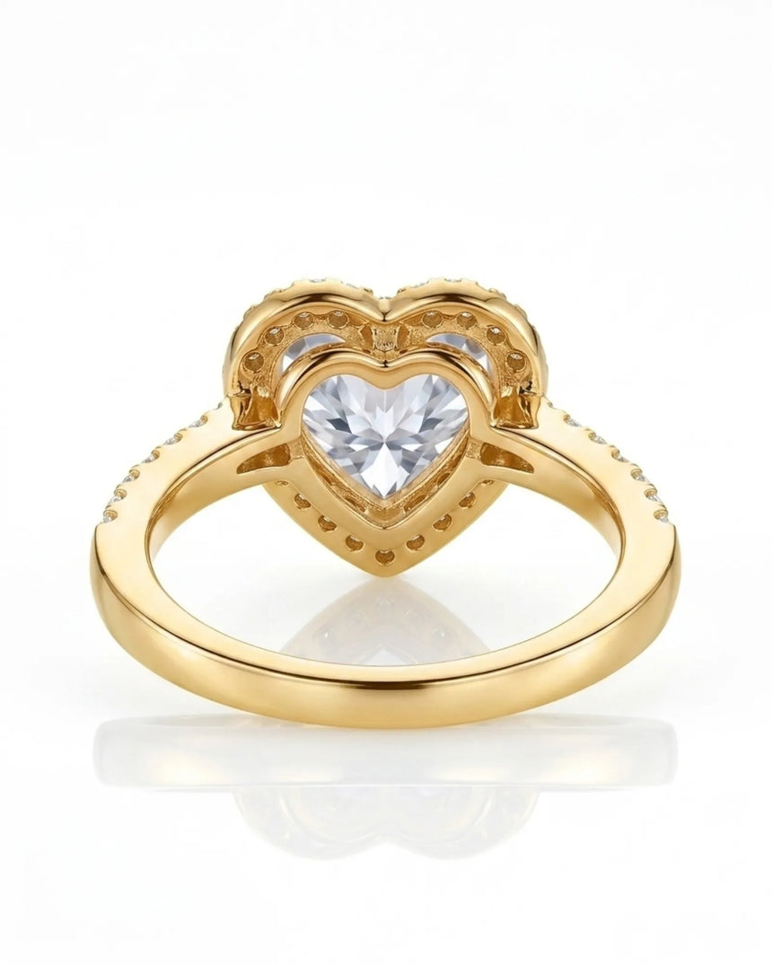Luxury heart moissanite engagement ring with brilliant halo and rich 18K yellow gold craftsmanship - SARATTI