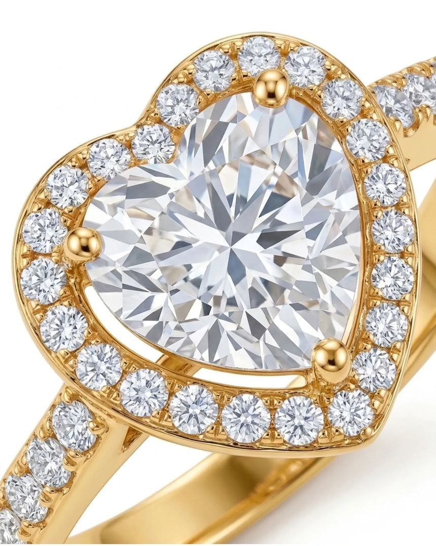 Luxury heart moissanite engagement ring with brilliant halo and rich 18K yellow gold craftsmanship | SARATTI