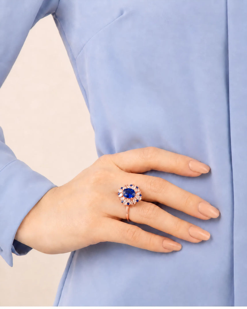 Luxury high jewelry sapphire ring with romantic diamond crown in 18K rose gold - SARATTI