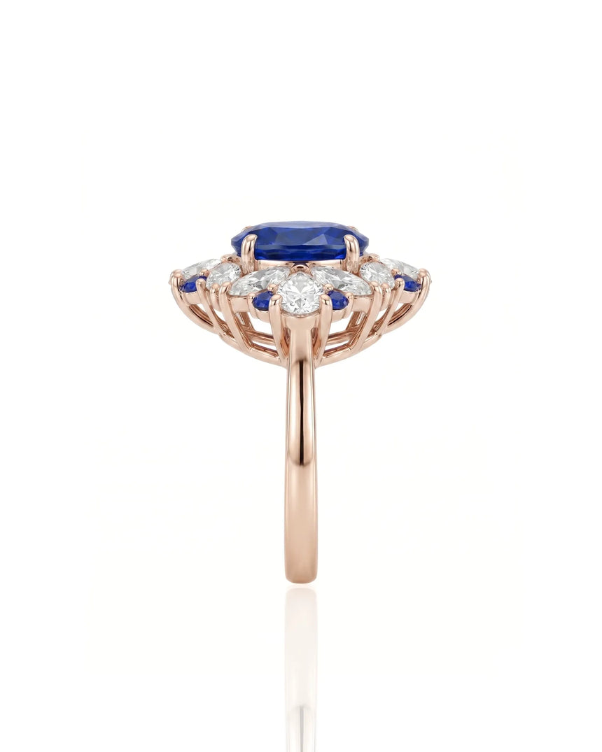 Luxury high jewelry sapphire ring with romantic diamond crown in 18K rose gold | SARATTI